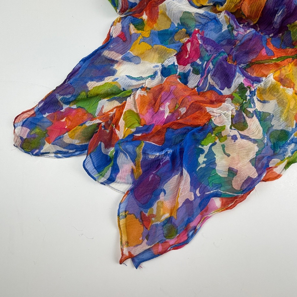 Vibrant Floral Silk Scarf Shawl Wrap Blue Pink Orange Yellow Accent Dopamine - Picture 2 of 7